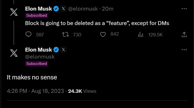Elon Musk made an announcement that X (aka Twitter) will be removing the block feature for public posts, leaving the function only available for direct messages. Elon is - frankly - wrong.